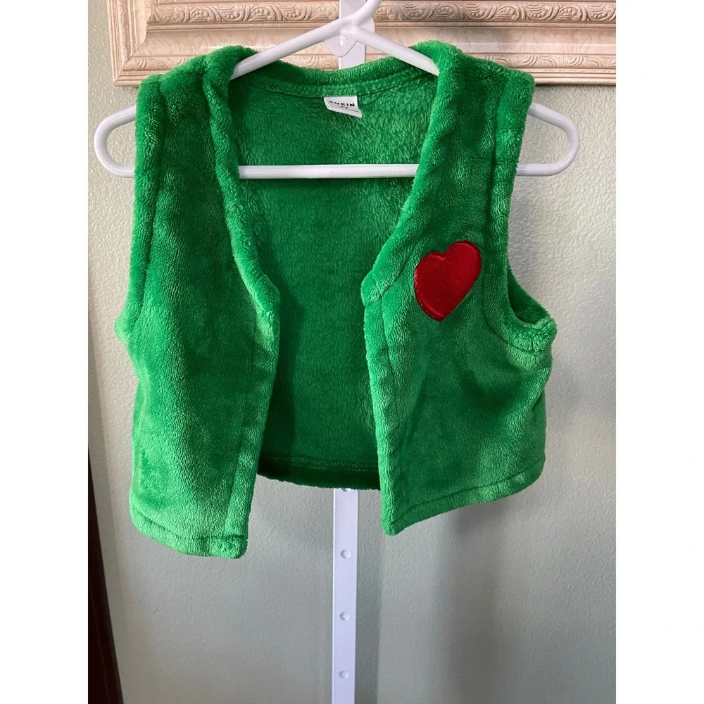 Girl's Festive Christmas Green Fluffy Vest Ornaments White Dress Size 4Y Used